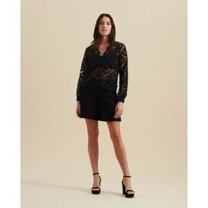 Anne Fontaine Black Long Sleeve Cotton Open Work Half-Zip Zorion Top Size 40